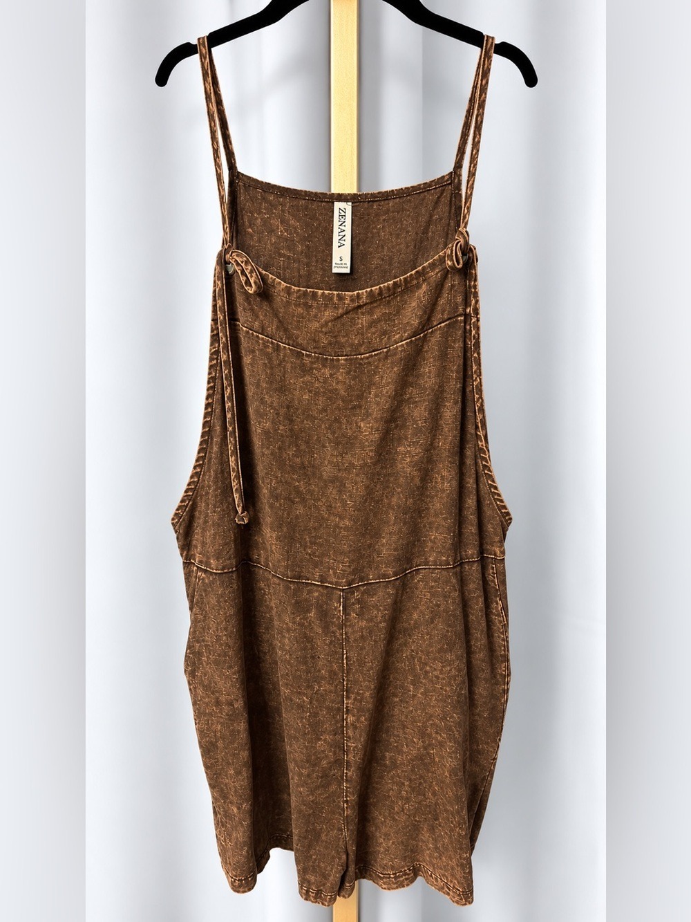 Zenana Outfitters Brown Washer romper  with Adjustable Tie Straps - Picture 4 of 4
